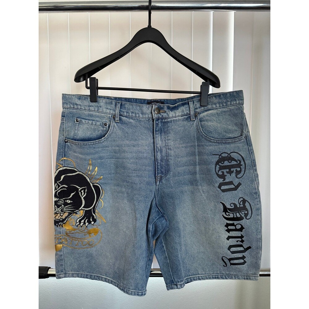 Men’s Ed Hardy Blue Denim Crouching Panther/Skull Shorts Size 40